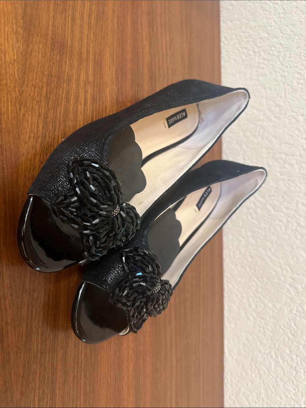 Alex Marie Black Beaded Peep-Toe Low Heels